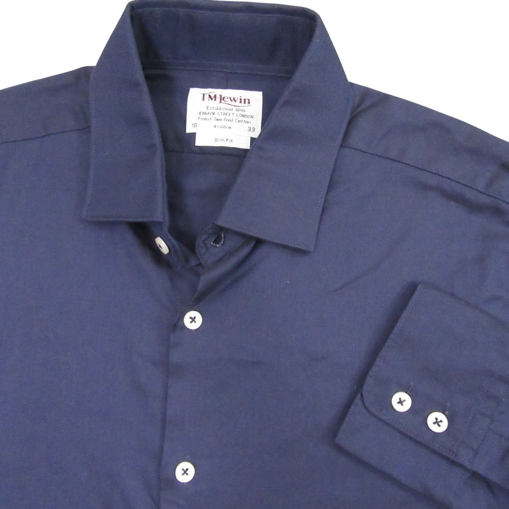 TM Lewin Mens Button Up Shirt M 16/33 Slim Fit Blue Two Fold Cotton Long